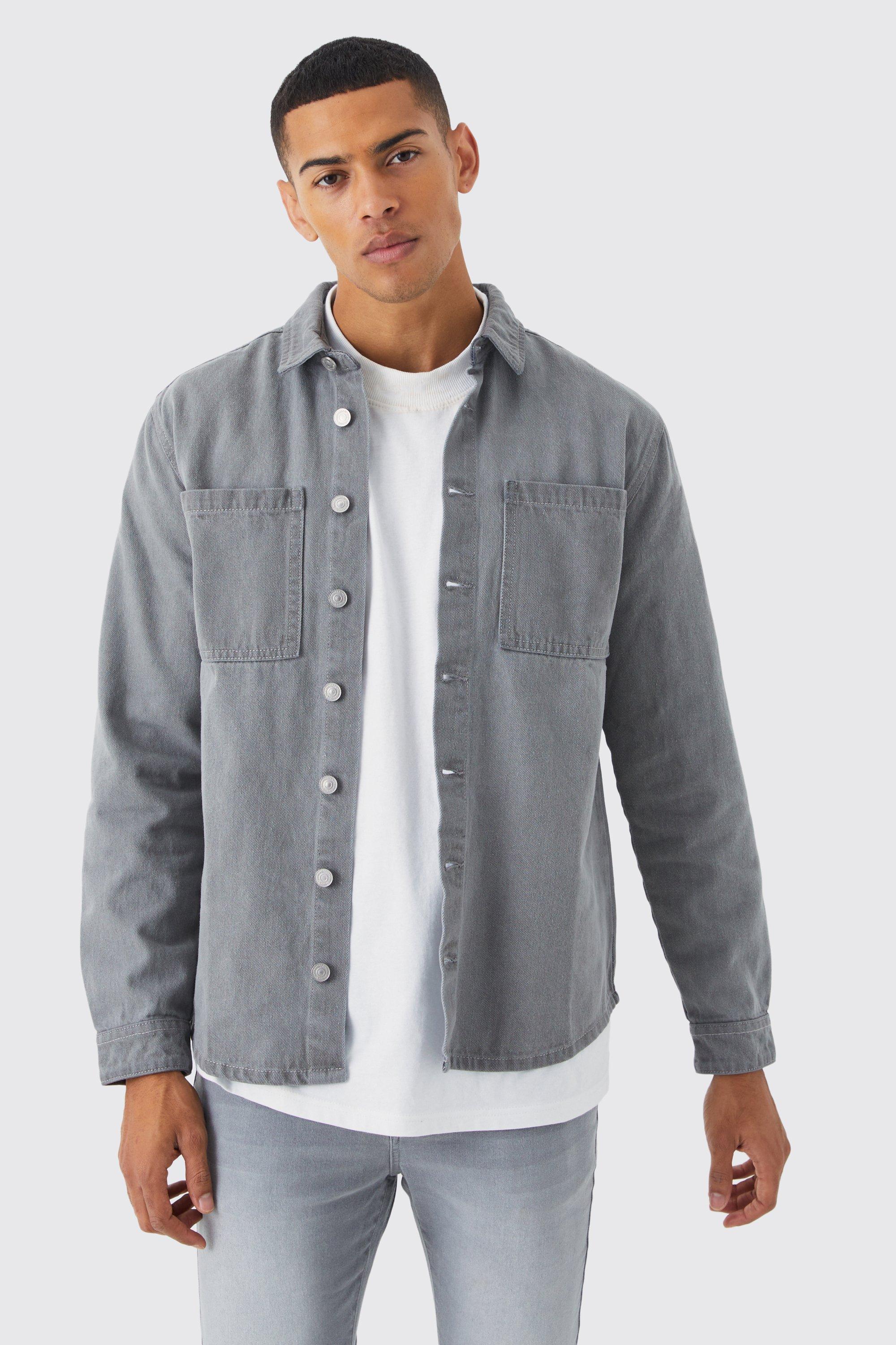 Mens Grey Long Sleeve Denim Overshirt, Grey